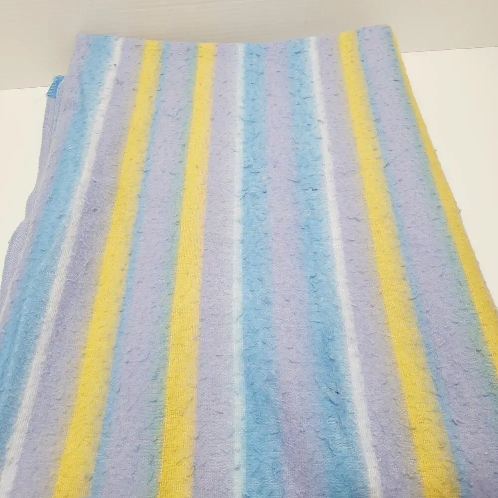 Vintage Twin Sized Striped Fleece Blanket Satin Trim Blue Purple Yellow White